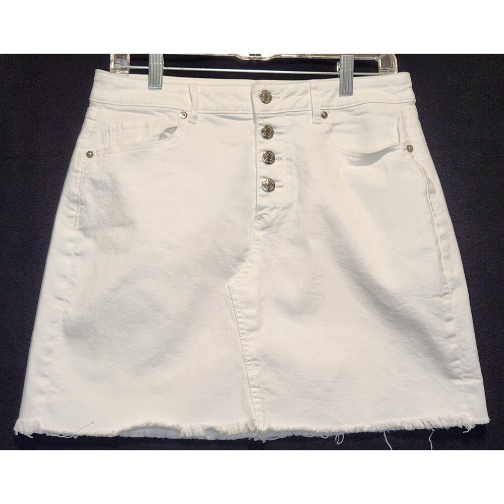 LOFT Size 10 White Denim Button Front A-Line Skirt Raw Hem Pockets 90s Y2K - Picture 5 of 5